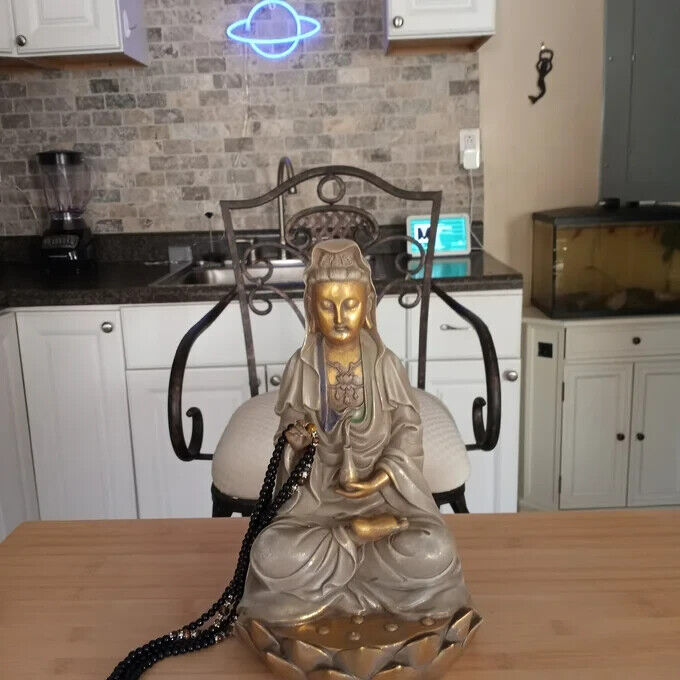 Quan Yin Buddha Sitting on a Lotus Statue, Guanyin, Kwan, Asian Bodhisattva Deco Без бренда - фотография #4