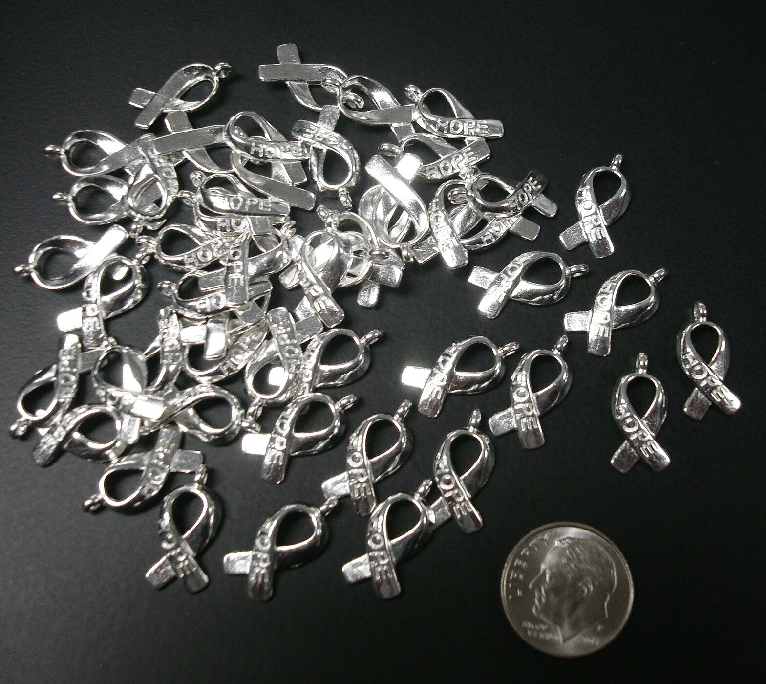50 Cancer awareness hope ribbon charms bright silver plt zinc findings CFP113 Charms CFP113 - фотография #2