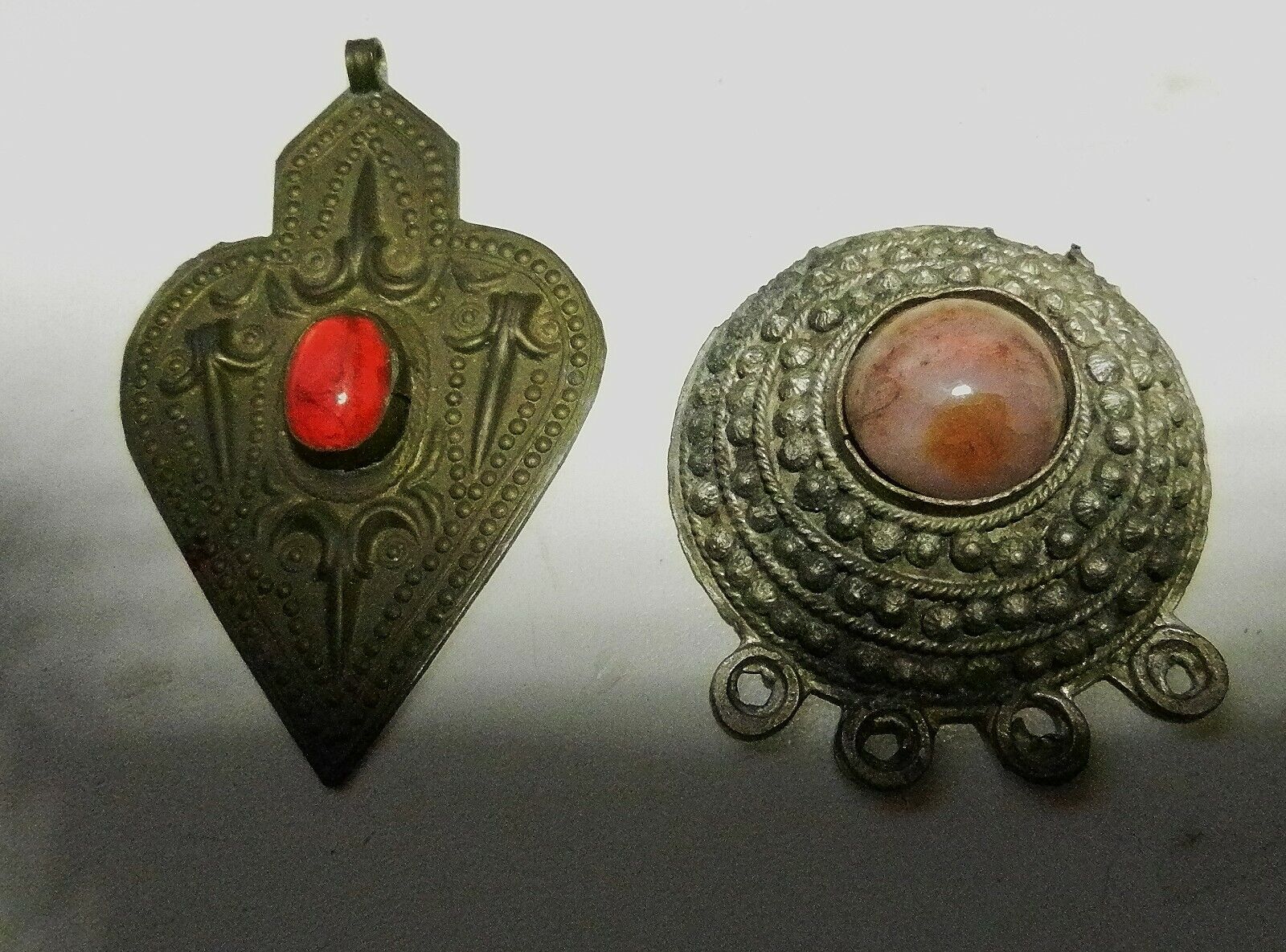 2 RARE Vintage Pendants-Nepal White Metal w/Agate & Persian Embossed Brass w/Red Handmade
