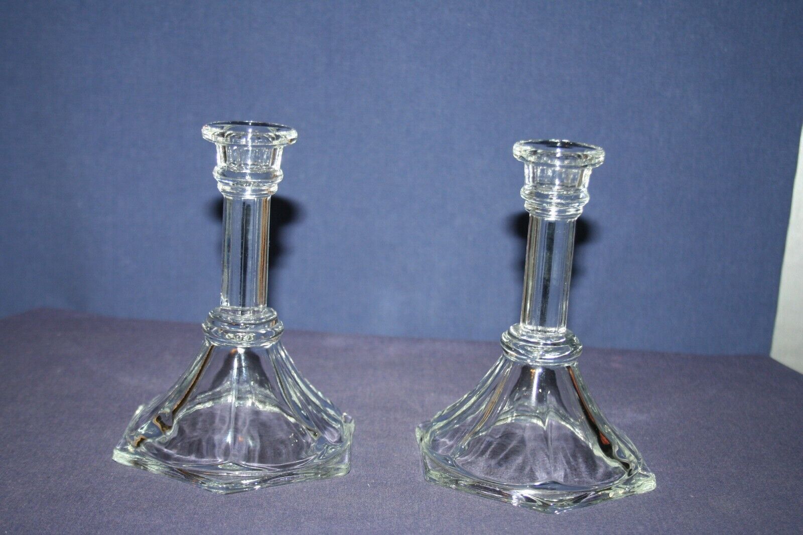 2 Homco Clear Glass 6" Tall Taper Candlesticks with Hexagon-Shaped Base Homco