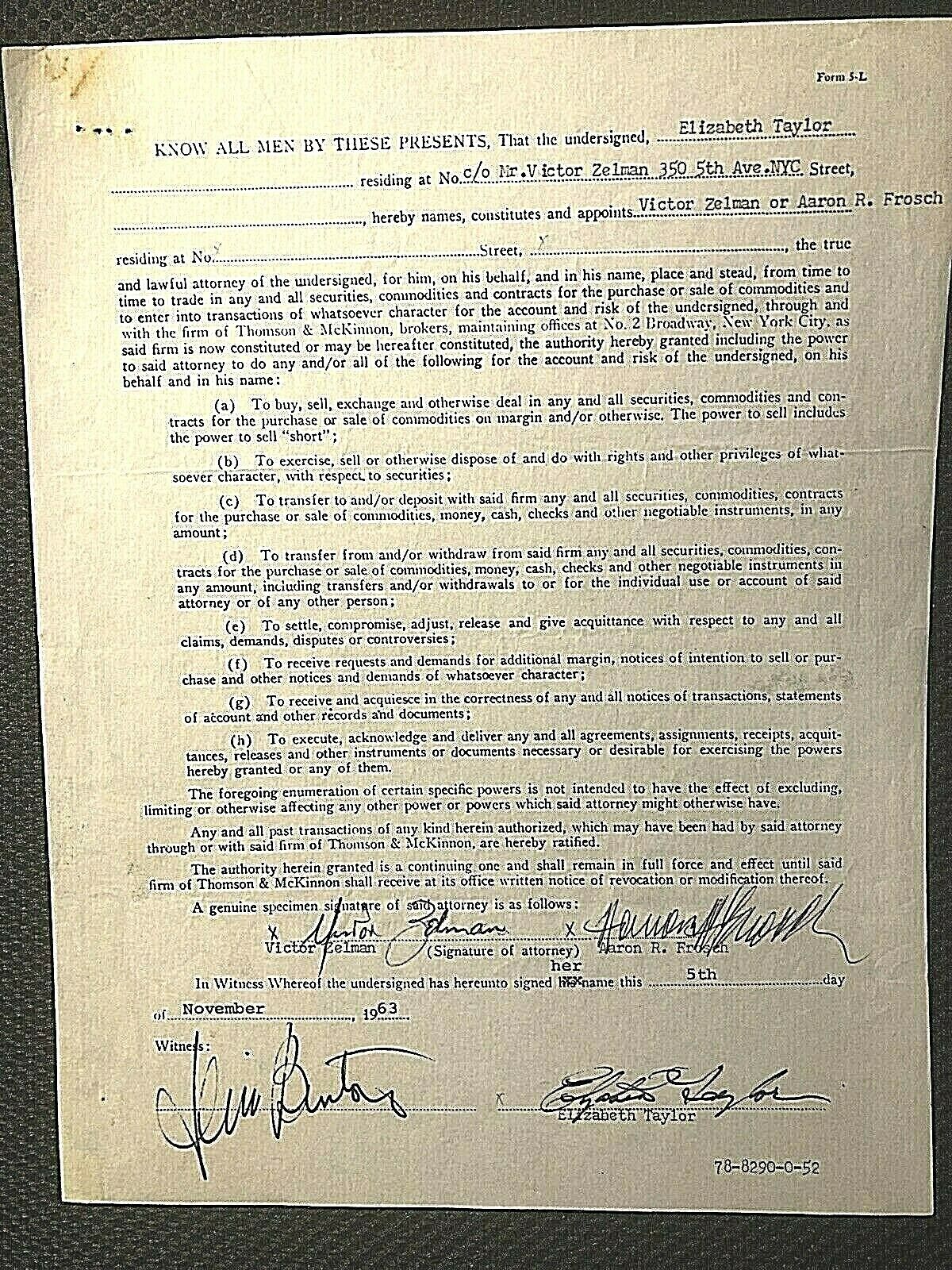 ELIZABETH TAYLOR SIGNED INSANELY RARE ORIG. 1963 "POWER OF ATTORNEY" DOCUMENT!!! Без бренда