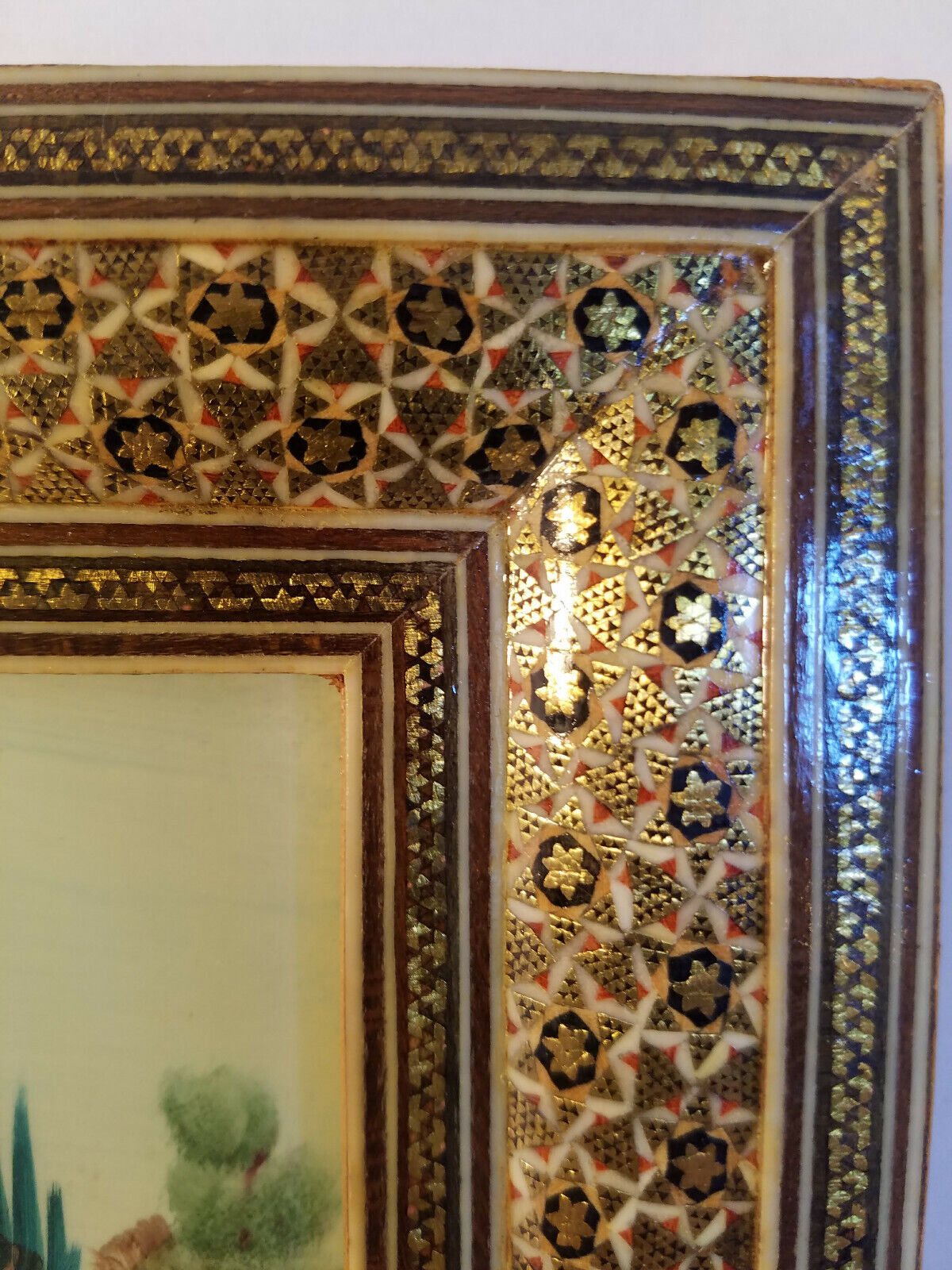 Lot of 2 Vintage Persian Equestrian Paintings in Wooden Khatam Inlay Frames Без бренда - фотография #10