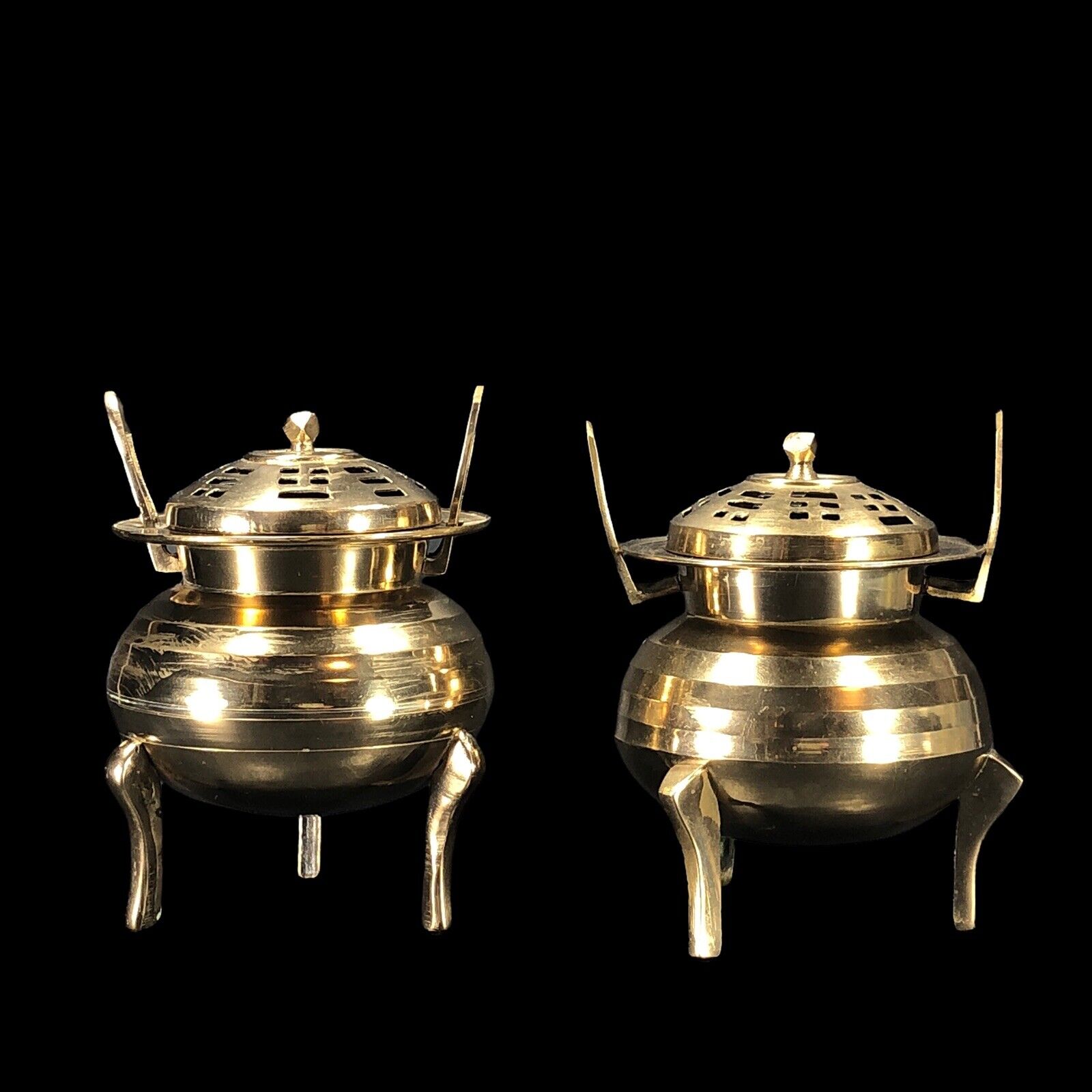 2ct Vintage Brass Chinese Censer Incense Burner Round w/ Lid Footed 5-in High Без бренда - фотография #4