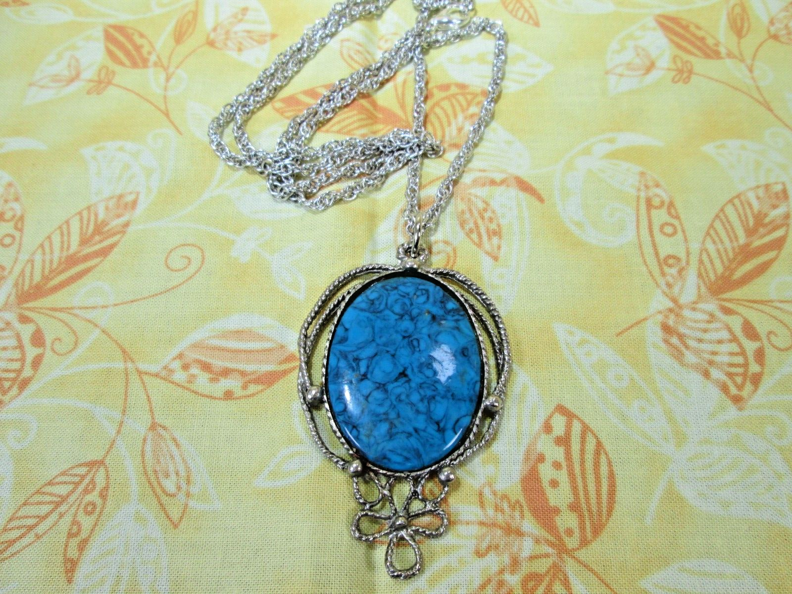 Vintage Large Blue Faux Stone Pendant w/ Silver Plated Rope Chain 28" / 1N Unbranded - фотография #3