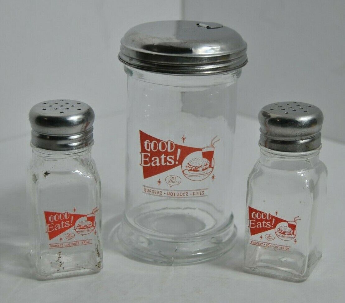 Vintage GOOD EATS Salt and Pepper Shakers & Sugar Jar Set of Three Good Eats n/a