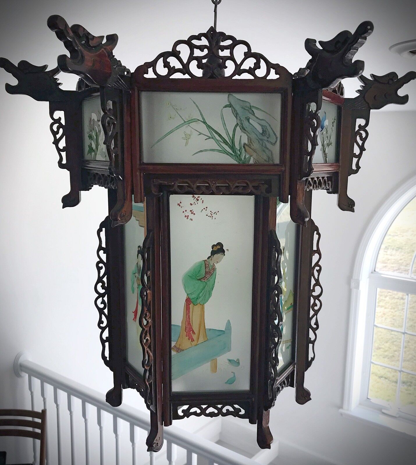 Rare Antique Chinese Zitan Hardwood Reverse Painted Glass Paneled Carved Lantern Без бренда - фотография #5