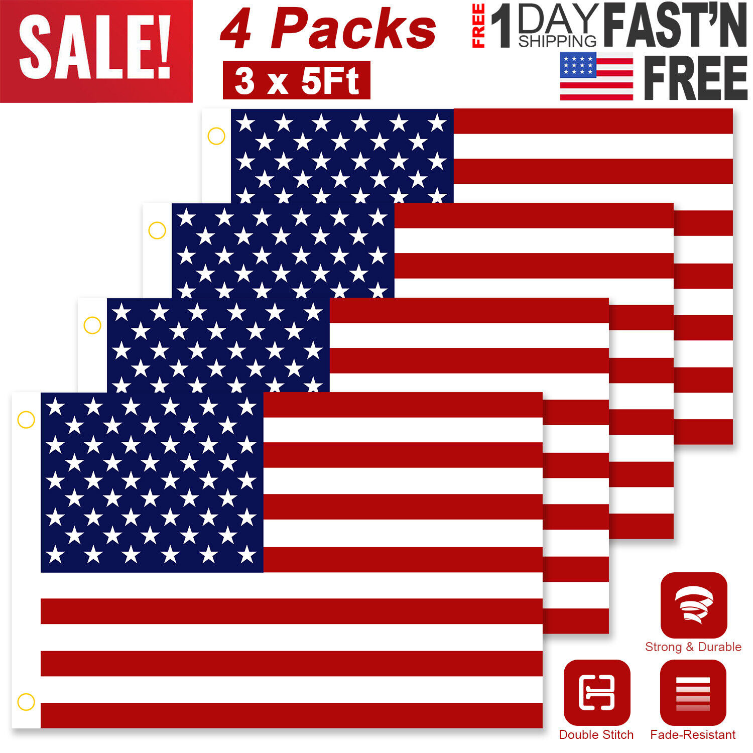 4 Pack 3'x 5'FT USA US U.S. American Flag Polyester Stars Brass Grommets US Flag iMounTEK American Flag