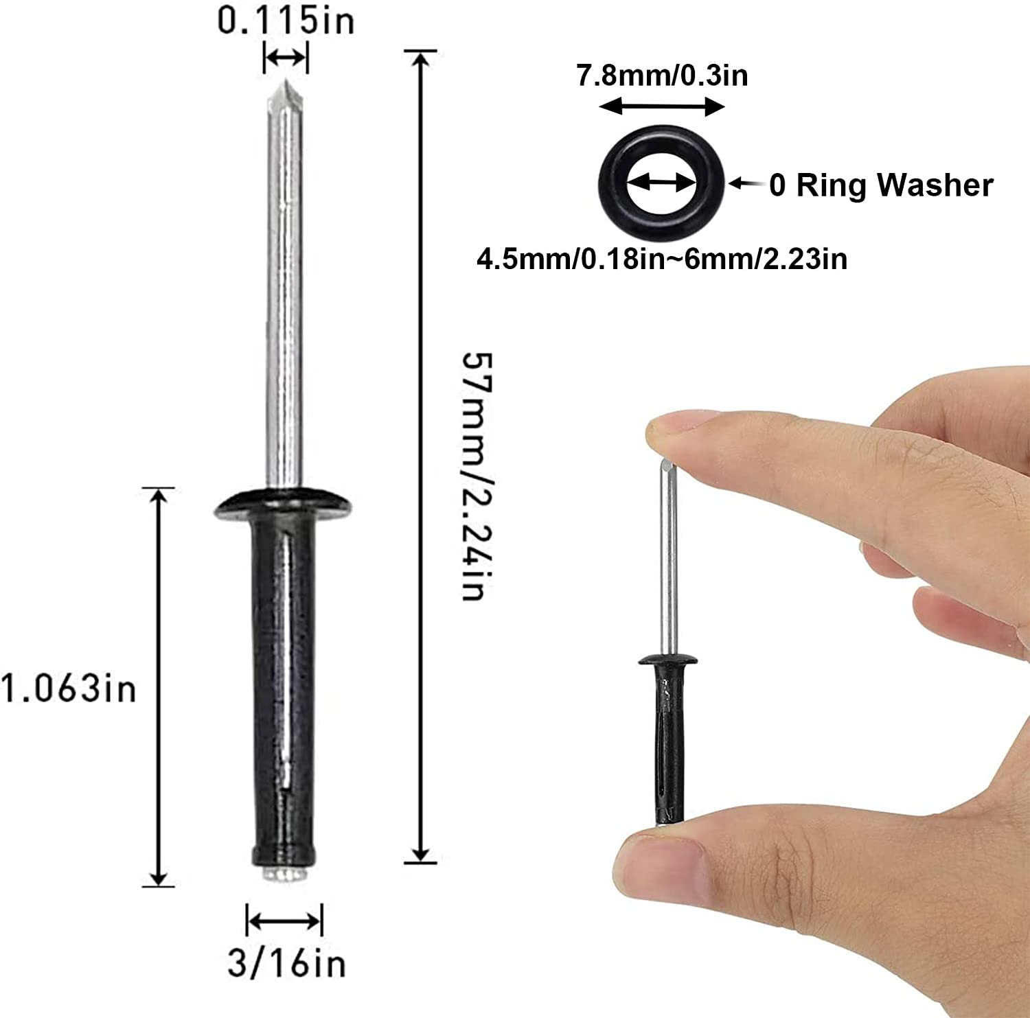 50 Kayak Tri Bulb Rivets ALUMINIUM 3/16 Grip Rivet BLACK Pop Rivet MARINE O-RING LS CORP LS-50 - фотография #2