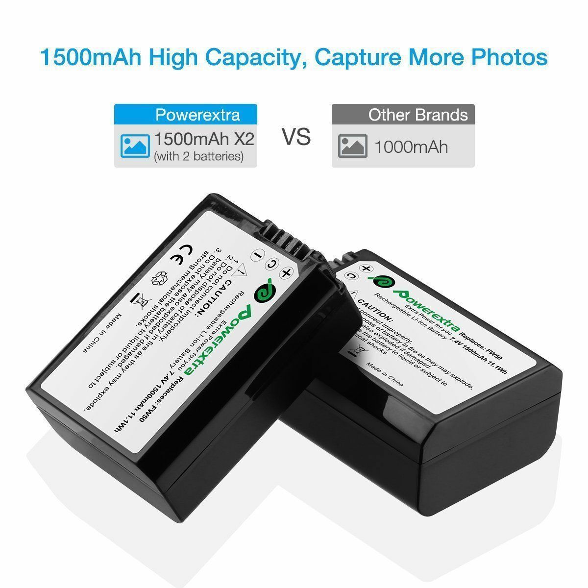 2Pack 1500mAh Battery For Sony A7 A7II A7RII A7SII A7S A7S2 A7R A7R2 A6500 A6000 Powerextra A7 - фотография #2