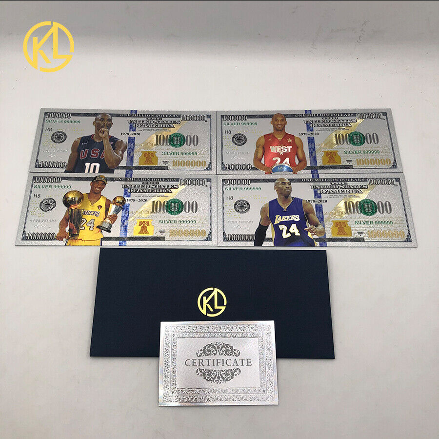 4pcs $1000000 Los Angeles Lakers KOBE BRYANT USA Collectible Siver banknote card Без бренда