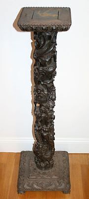 Tall Antique Chinese Carved Wood Pedestal. 2 Dragons & Carp Signed MAGNIFICIENT! Без бренда