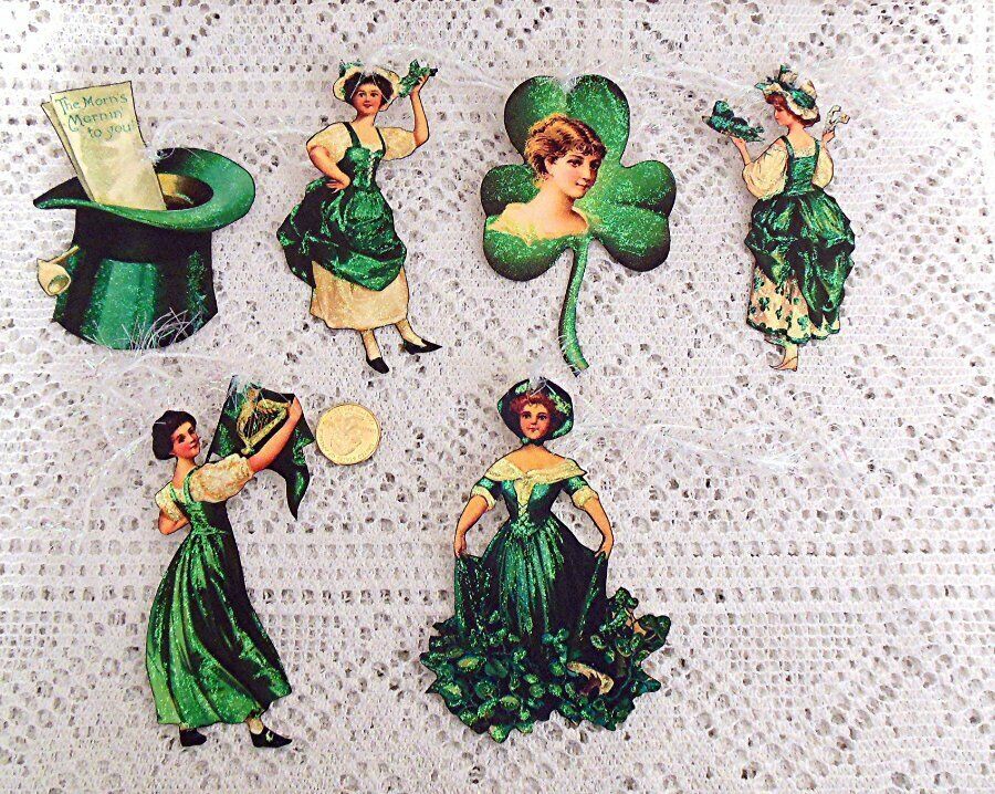6~Vintage~St Patrick's Day~Fussy Cut~Linen Cardstock~Gift~Hang~Tags~Ornaments Без бренда