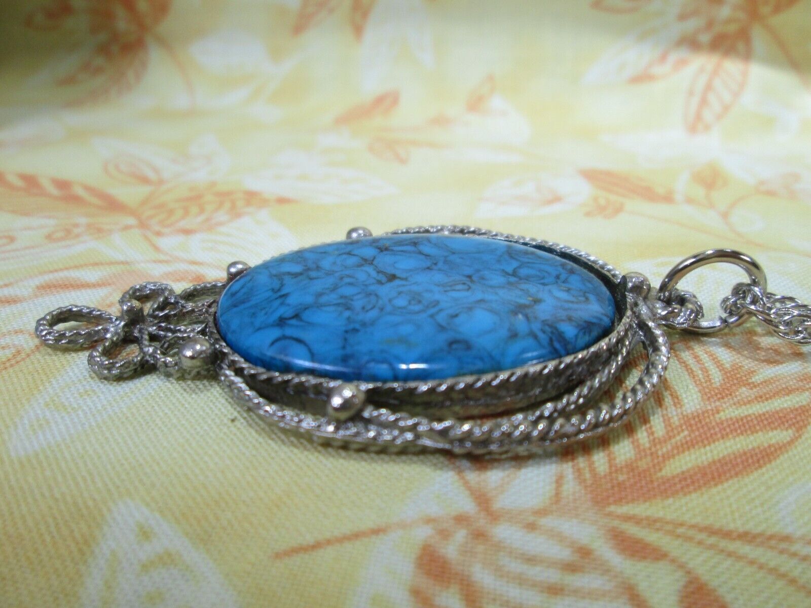 Vintage Large Blue Faux Stone Pendant w/ Silver Plated Rope Chain 28" / 1N Unbranded - фотография #10