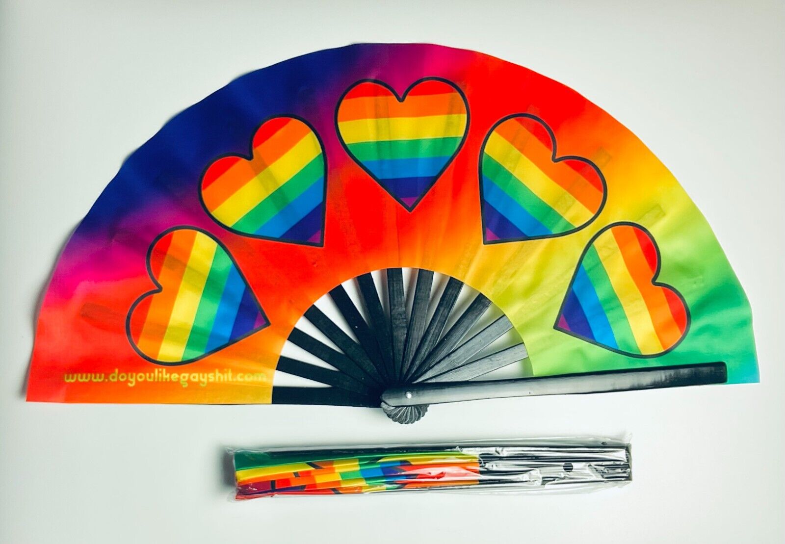 Vibrant Five Rainbow Hearts 26"  Extra Large Folding Clack Gay Pride Fan Rave Do You Like Gay Shit?