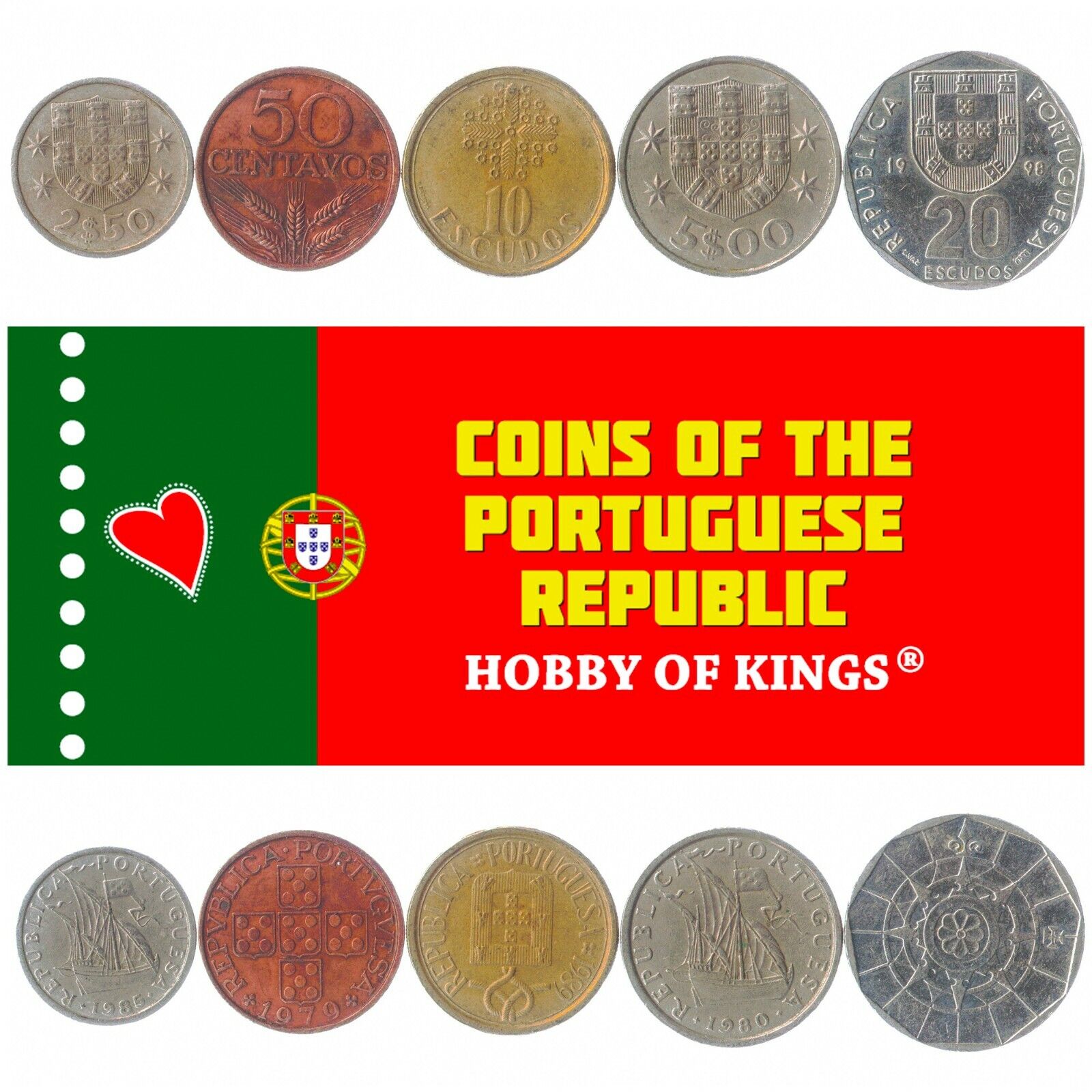5 PORTUGUESE COINS. DIFFERENT COINS. EUROPEAN FOREIGN CURRENCY, VALUABLE MONEY Без бренда - фотография #2