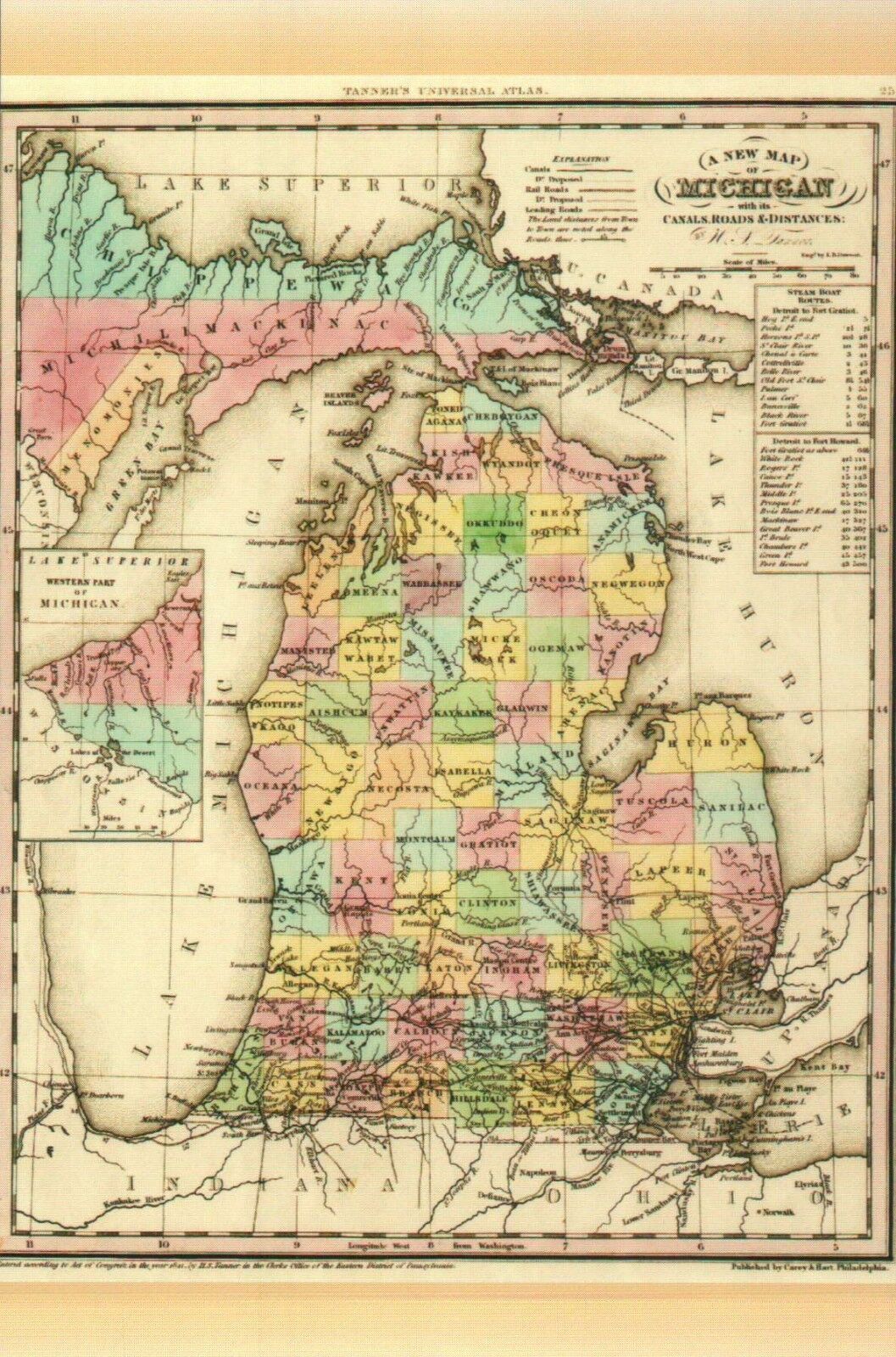 Map of Michigan with Canals Roads Distances by H.S. Tanner, 1842, MI -- Postcard Без бренда