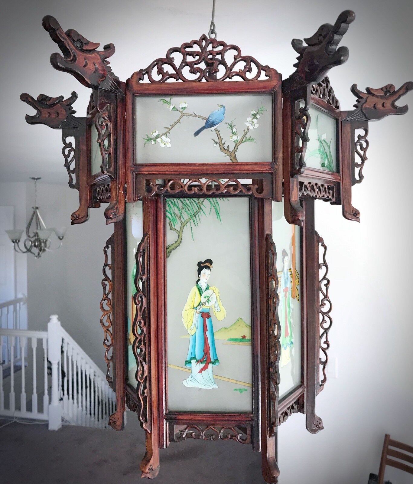 Rare Antique Chinese Zitan Hardwood Reverse Painted Glass Paneled Carved Lantern Без бренда - фотография #4