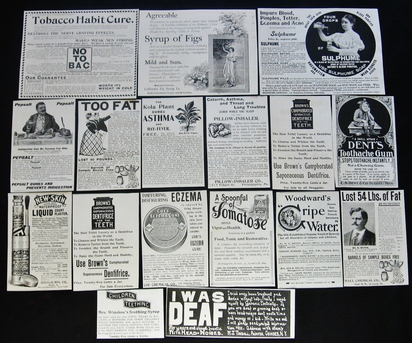 Lot17 Antique QUACK MEDICINE Drug Cure-All Vtg Print Ads~Deaf,Too Fat,Fig Syrup+ Без бренда