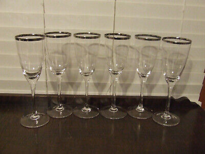 6 Vintage Tall Crystal Wine Goblets 9" with Silver Platinum Rim Unknown