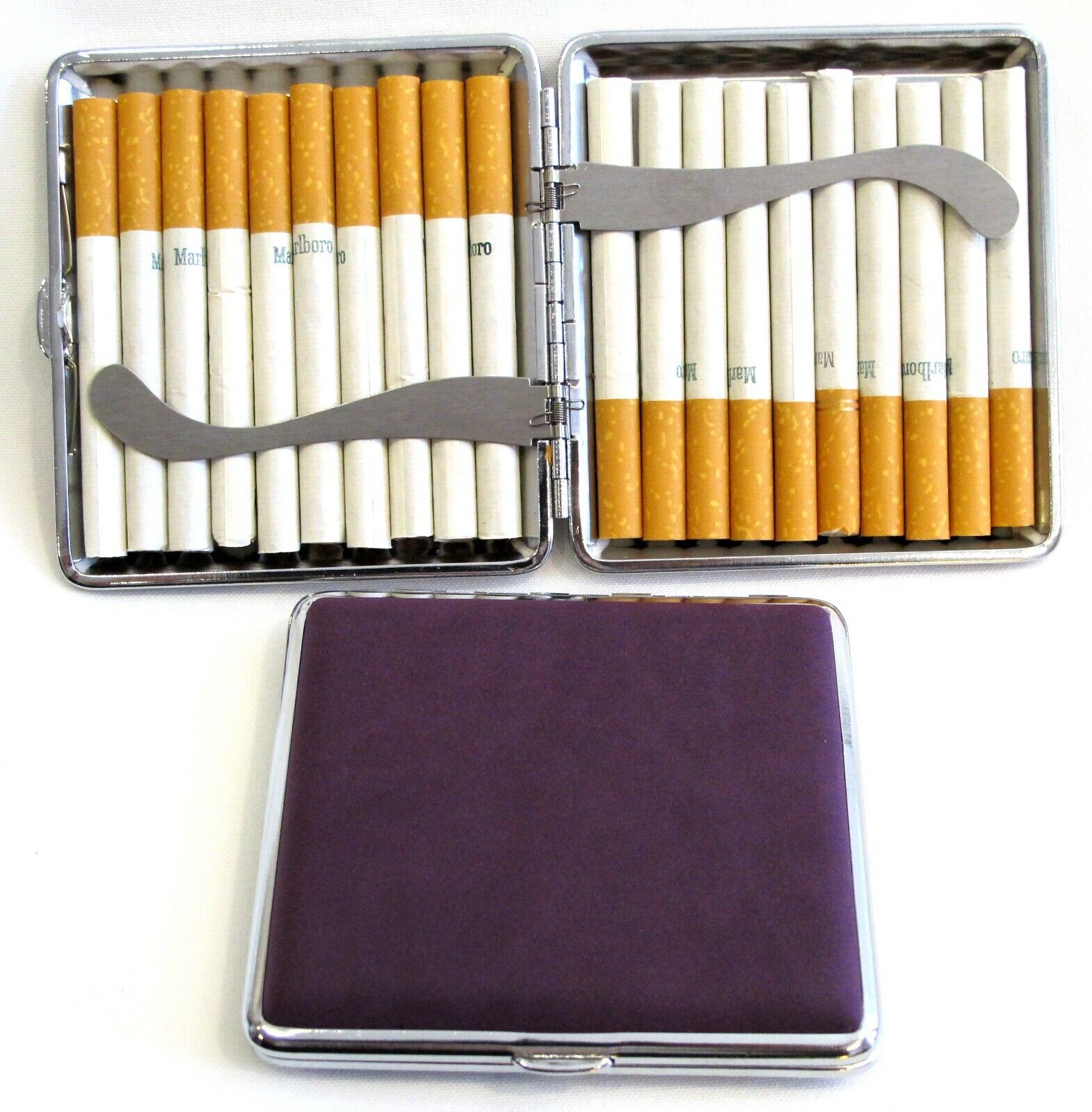 2pc Set Stainless Steel Cigarette Case Hold 20pc Regular Size 84s -PURPLE + BLUE Без бренда