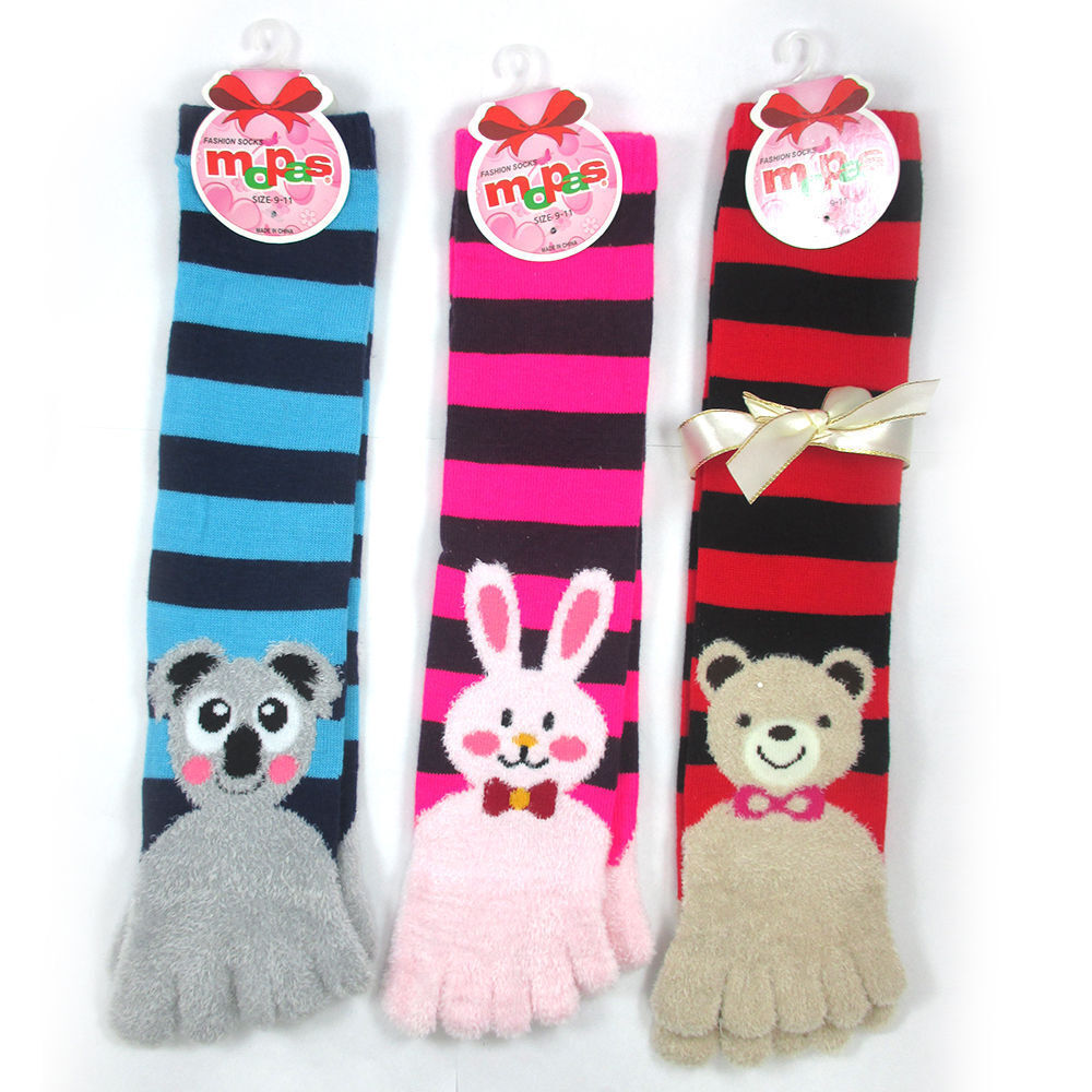 3 Pairs Fuzzy Animals Toe Socks Calf Length Funny Feet Striped #30701 Size 9-11 Mopas - фотография #5