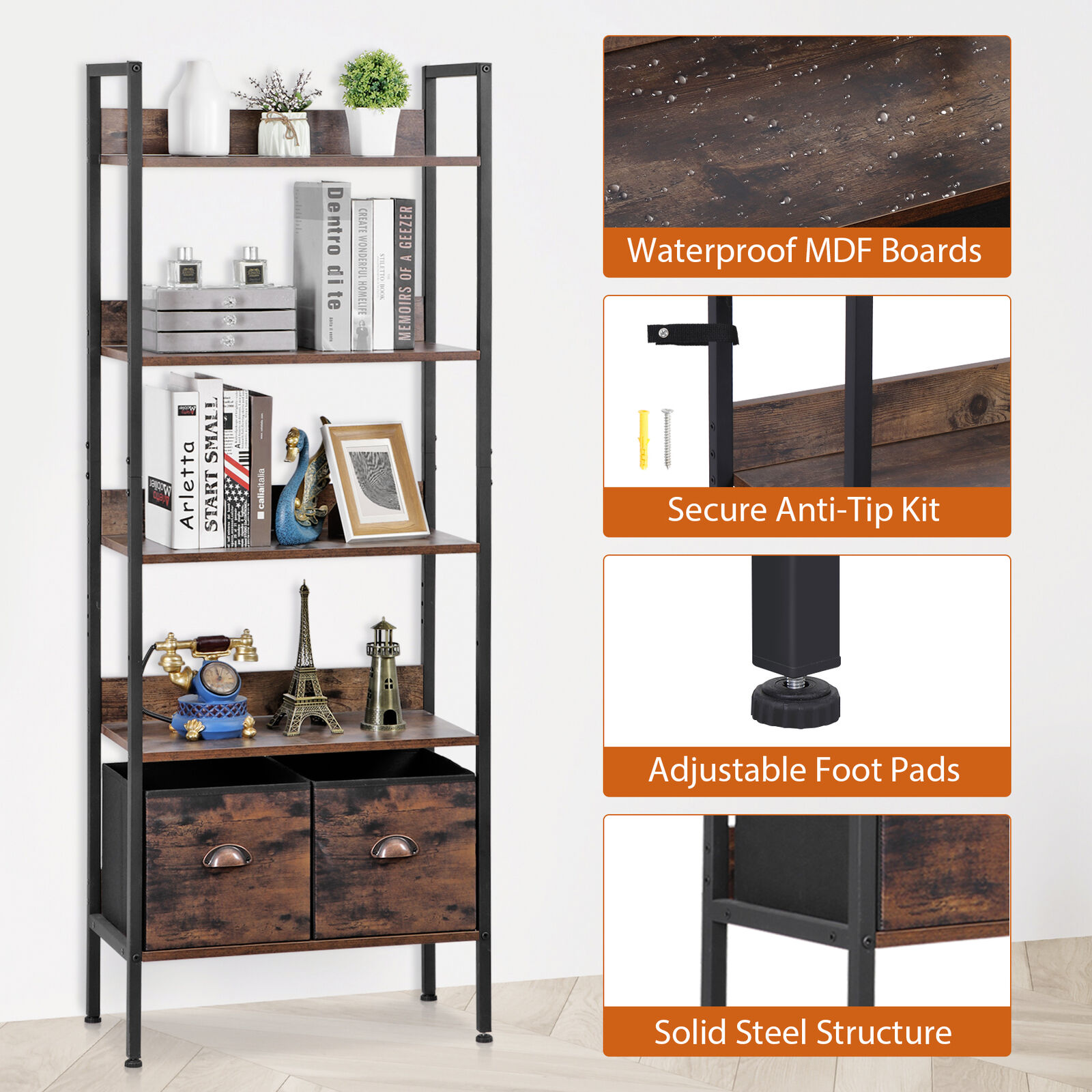 5-Tier Bookshelf Wood Metal Storage Shelf with 2 Storage Drawers for Living Room Segawe H01-3486 - фотография #3