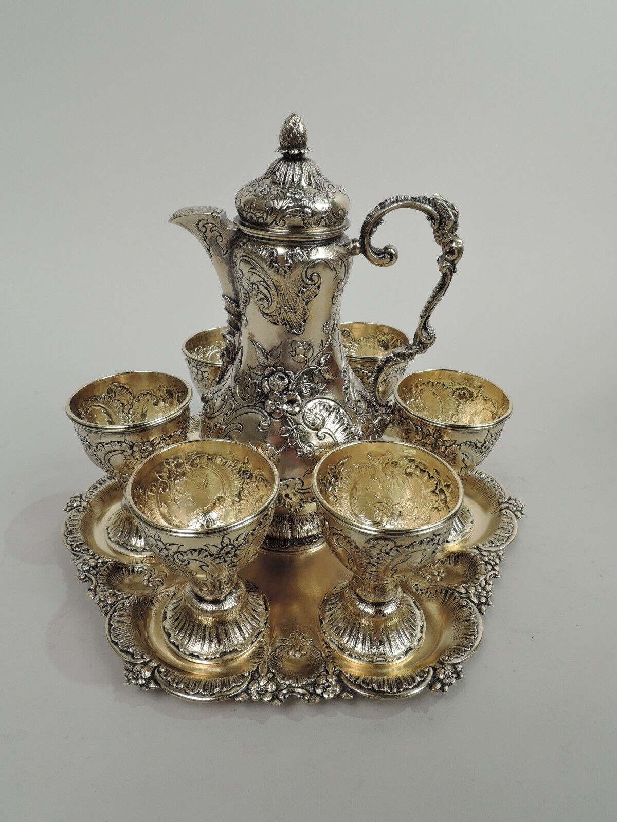 Antique Liqueur Set Biedermeier Cordial Decanter Cups Austrian Silver Gilt AUSTRIAN