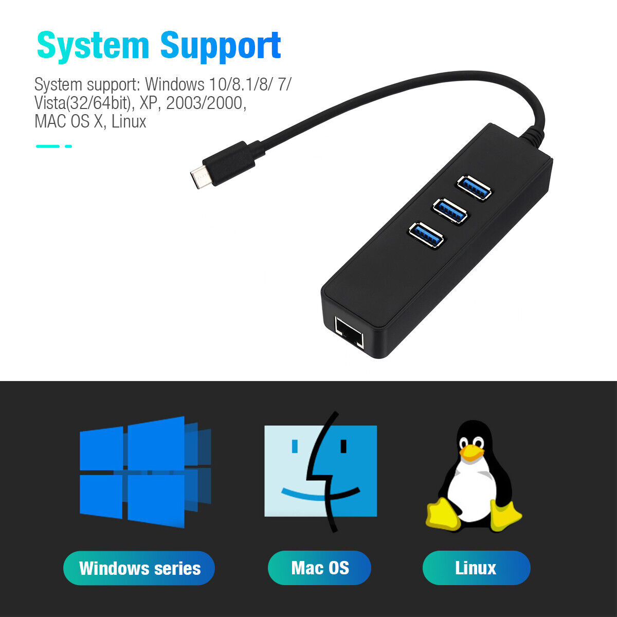 USB-C USB 3.1 Type-C Male to 3-Port USB 3.0 Hub & RJ45 Gigabit Ethernet Adapter Ombar Type-C Adapter - фотография #10