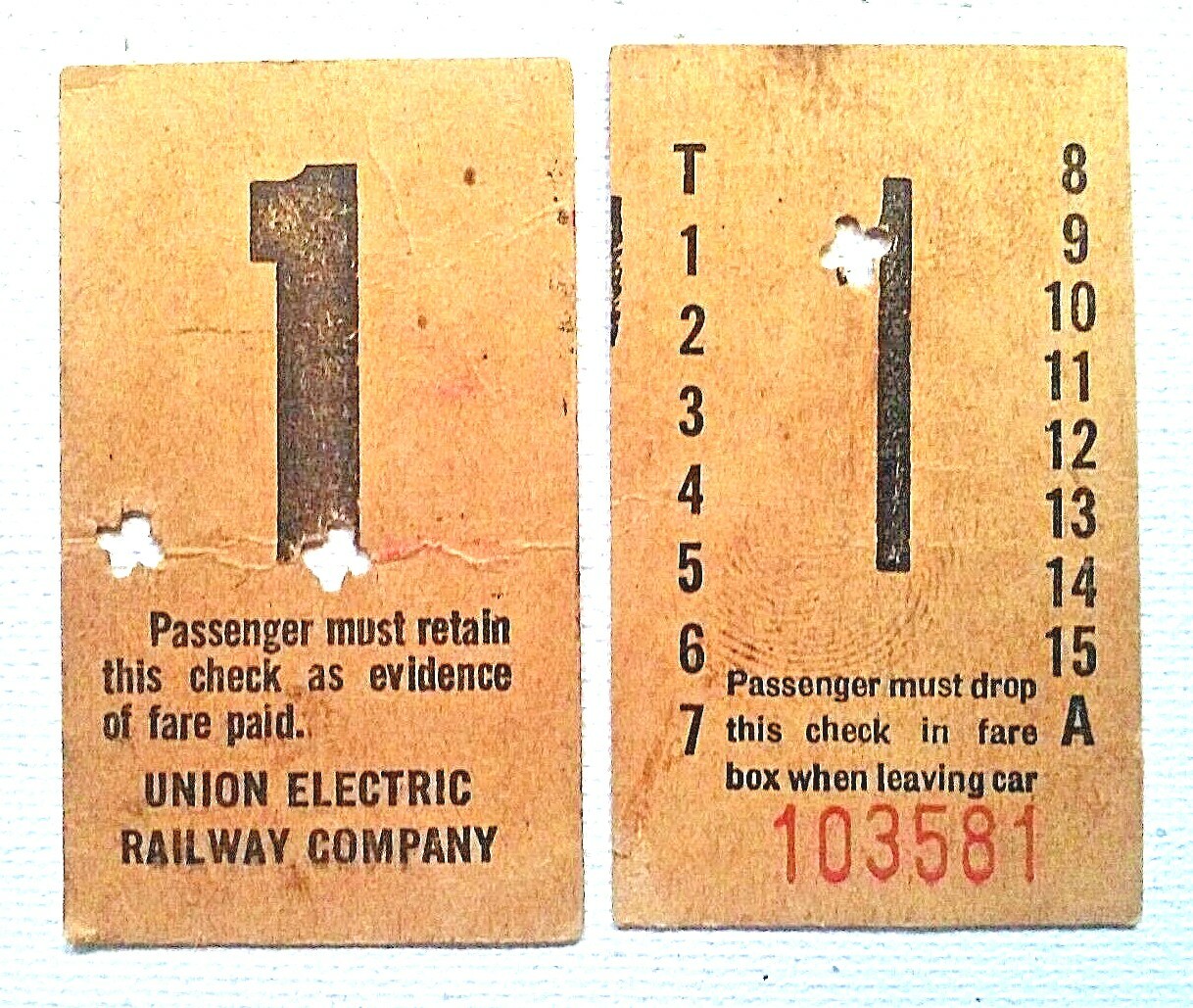 1921-23 UNION ELECTRIC RAILWAY CO. Lot Of 2 Passenger Ticket Checks, Train Без бренда