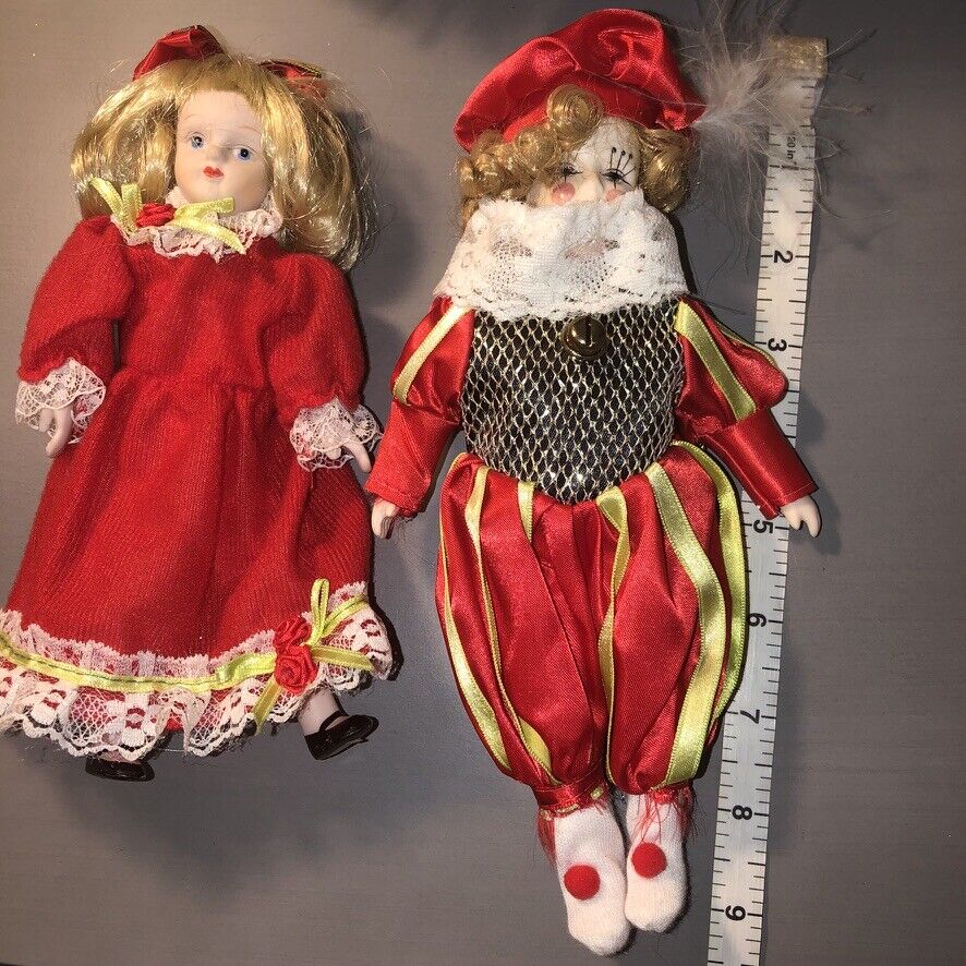Vintage Porcelain Doll Christmas Ornaments Set  8"-9" Red Pierrot Clown + Girl  Unknown does not apply