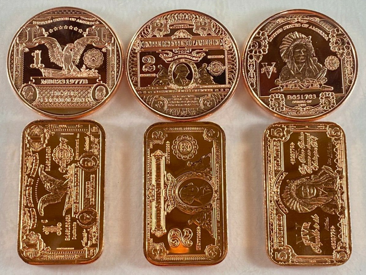 Copper .999 Bullion Coins & Bars * 1 Oz. Each * Six Piece Silver Certificate Set Без бренда