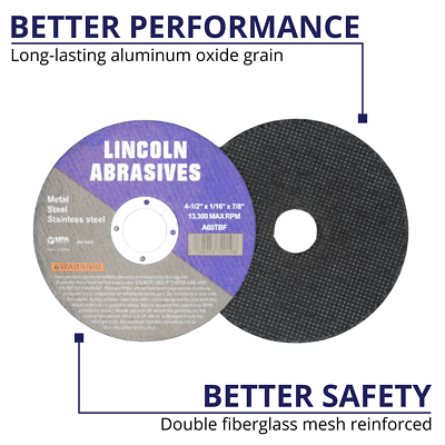 50 Pack 4-1/2" x 1/16" Cut-off Wheel 4.5 Cutting Discs Stainless Steel & Metal Lincoln A60TBF454050 - фотография #4