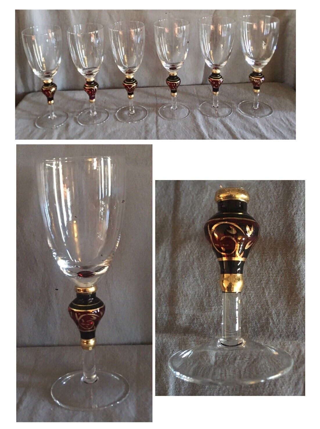 VINTAGE Cocktail Wine Glasses 16 oz. CLEAR, BURGUNDY, GOLD Hand-Painted 6-PC Set Unbranded