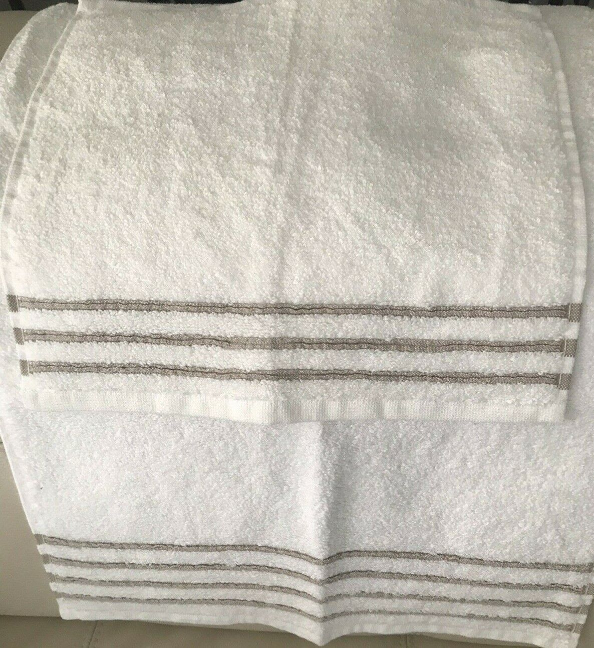 Set- Hotel Collection Borderline Hand Towel & Washcloth White/ Champagne Stripes Hotel Collection Borderline