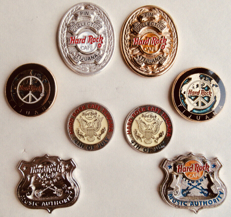 HARD ROCK LOT OF 8 PINS: BADGES PAIR COLLECTORS, PAIR MUSIC AUTHORITY, 4 OTHERS Без бренда