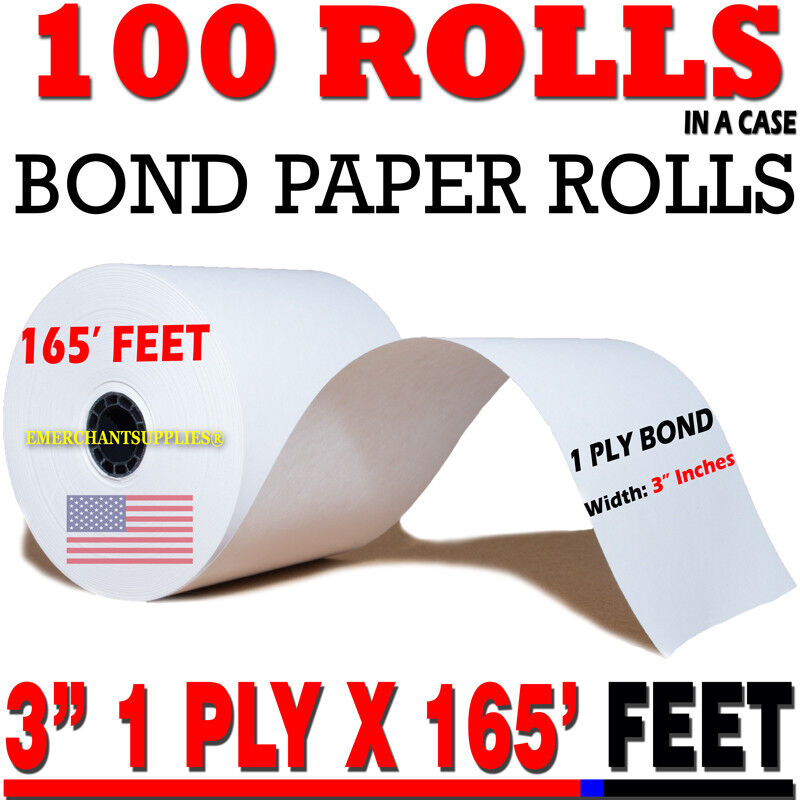 3" x 165' CASH REGISTER 1 PLY BOND PAPER PRINTER POS PAPER ROLL 100 ROLLS Unbranded Does not apply
