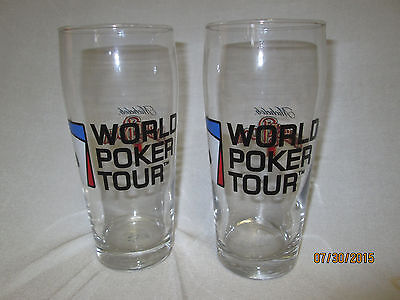 Set of 2 World PokervTour Logo Beer Drinking Glasses Michelob Amber Bock Nice  Michelob