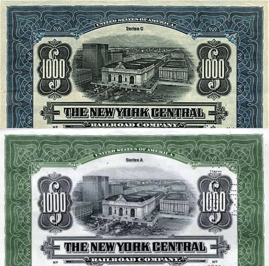 2 $1000 NY CENTRAL RR BONDS incl RARE 1913 GREEN! GRAND CENTRAL/FULL COUP SHEETS Без бренда