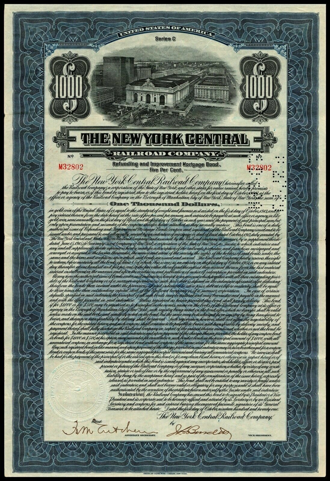 2 $1000 NY CENTRAL RR BONDS incl RARE 1913 GREEN! GRAND CENTRAL/FULL COUP SHEETS Без бренда - фотография #4