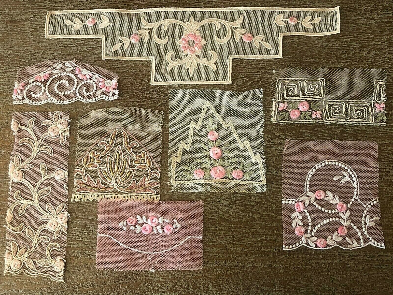 8 antique vintage Swiss pink hand loomed floral embroidered net pieces - dolls Без бренда