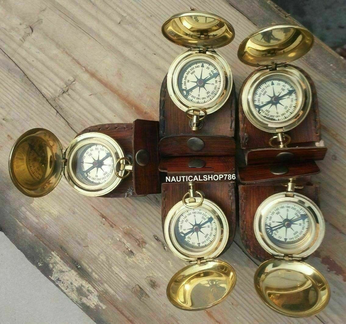 Maritime Push Button Compass Nautical Vintage Brass Compass With Case Set of 5 Без бренда - фотография #3