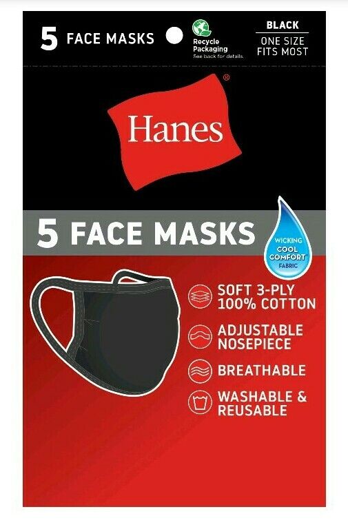 RETAIL 5Pk (NOT A BAG!) Hanes BLACK 100% Cool Comfort Fabric Face Mask Reusable Hanes MASKN2 - фотография #2