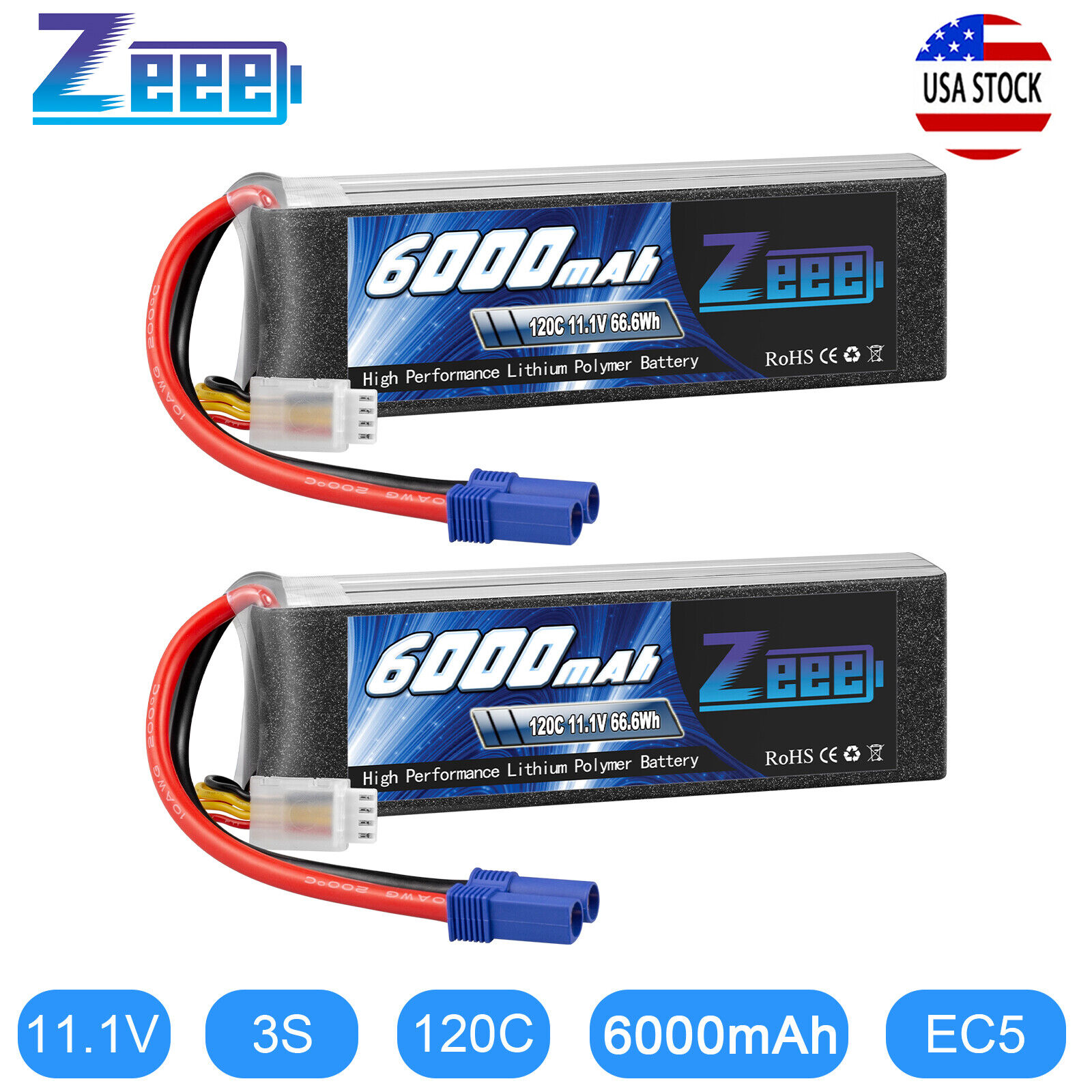 2x Zeee 11.1V 120C 6000mAh EC5 3S LiPo Battery for RC Car Helicopter Quadcopter ZEEE Does Not Apply