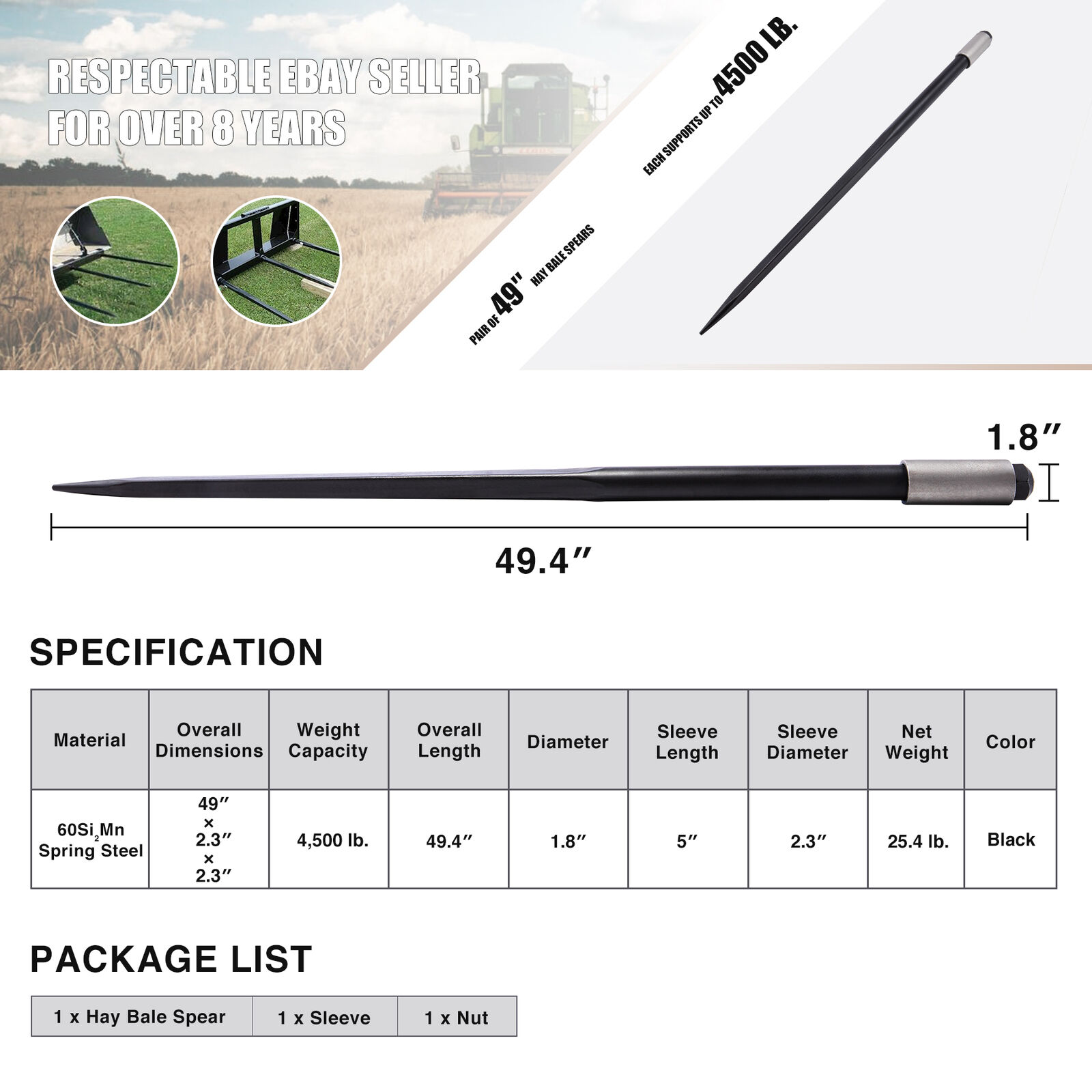 Heavy Duty 49in Hay Spike Bale Spear 4500lb Capacity Quick Attach Long-lasting Preenex Does not apply - фотография #2