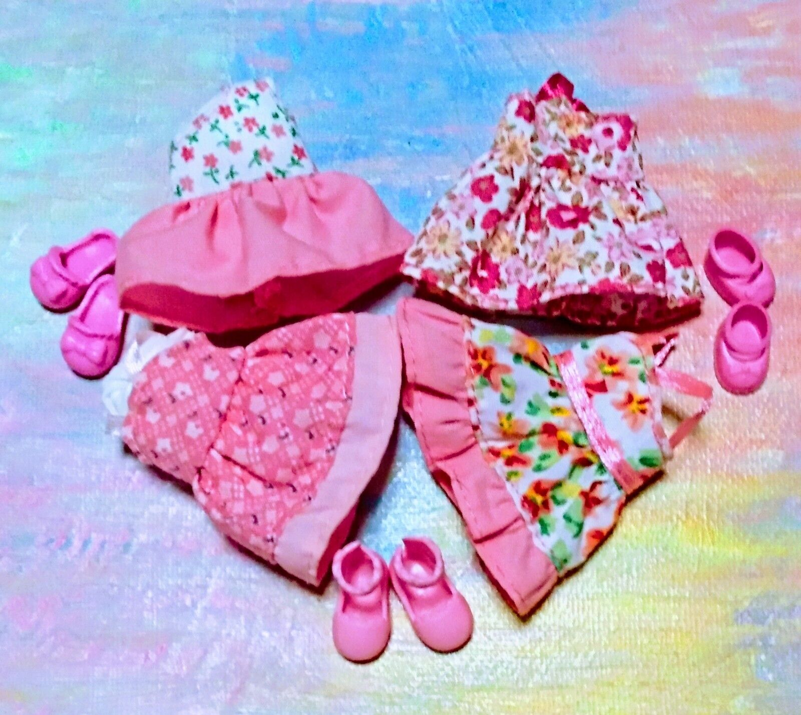 Kelly Small Doll Clothes *Lot of 4 Pink Flowered Sundresses/3pr Shoes*  Mattel/Unbranded