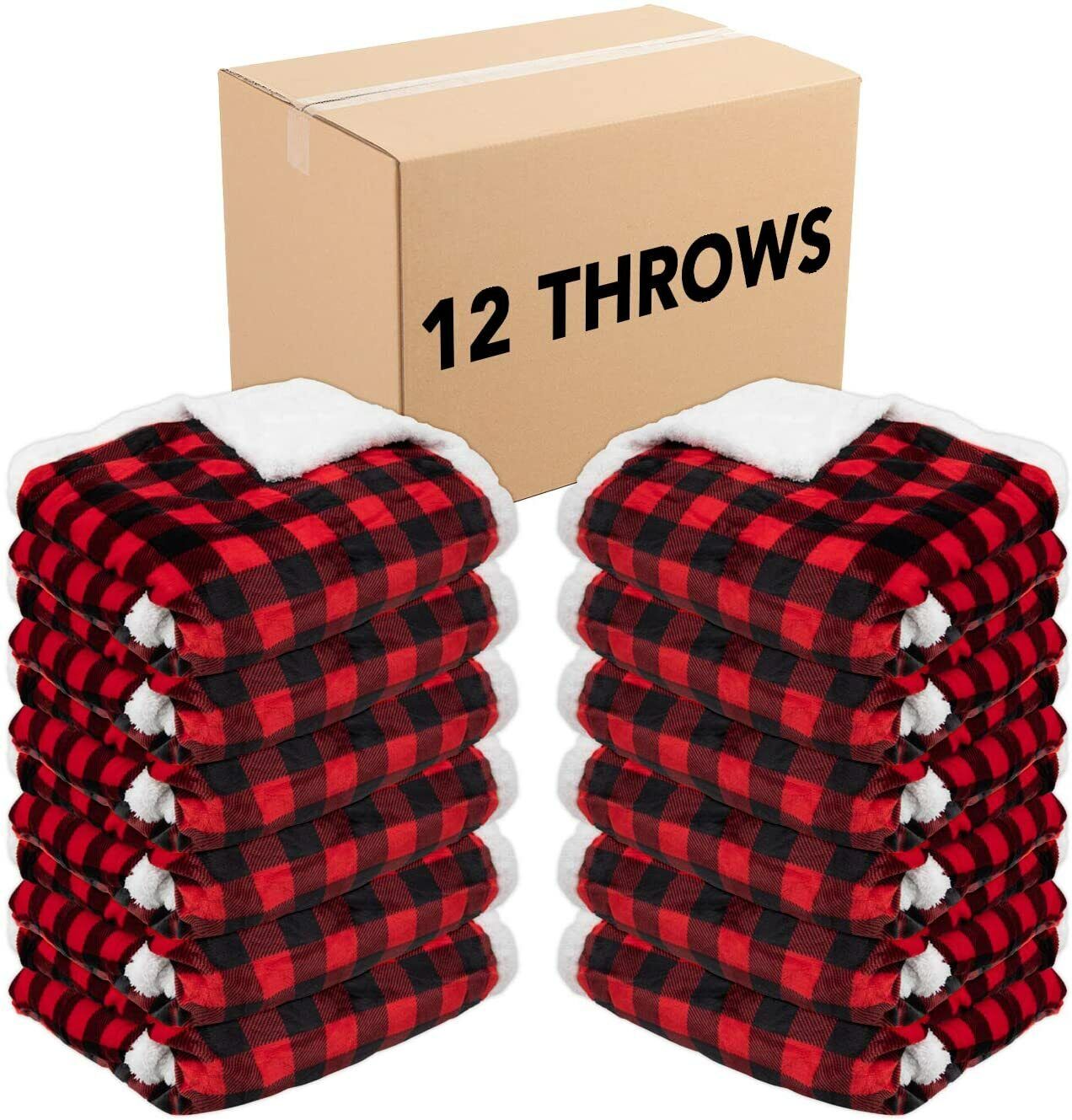 12 Pack of Buffalo Plaid Throw Blankets 50 x 70 Red & Black Soft Flannel Sherpa Arkwright Does Not Apply