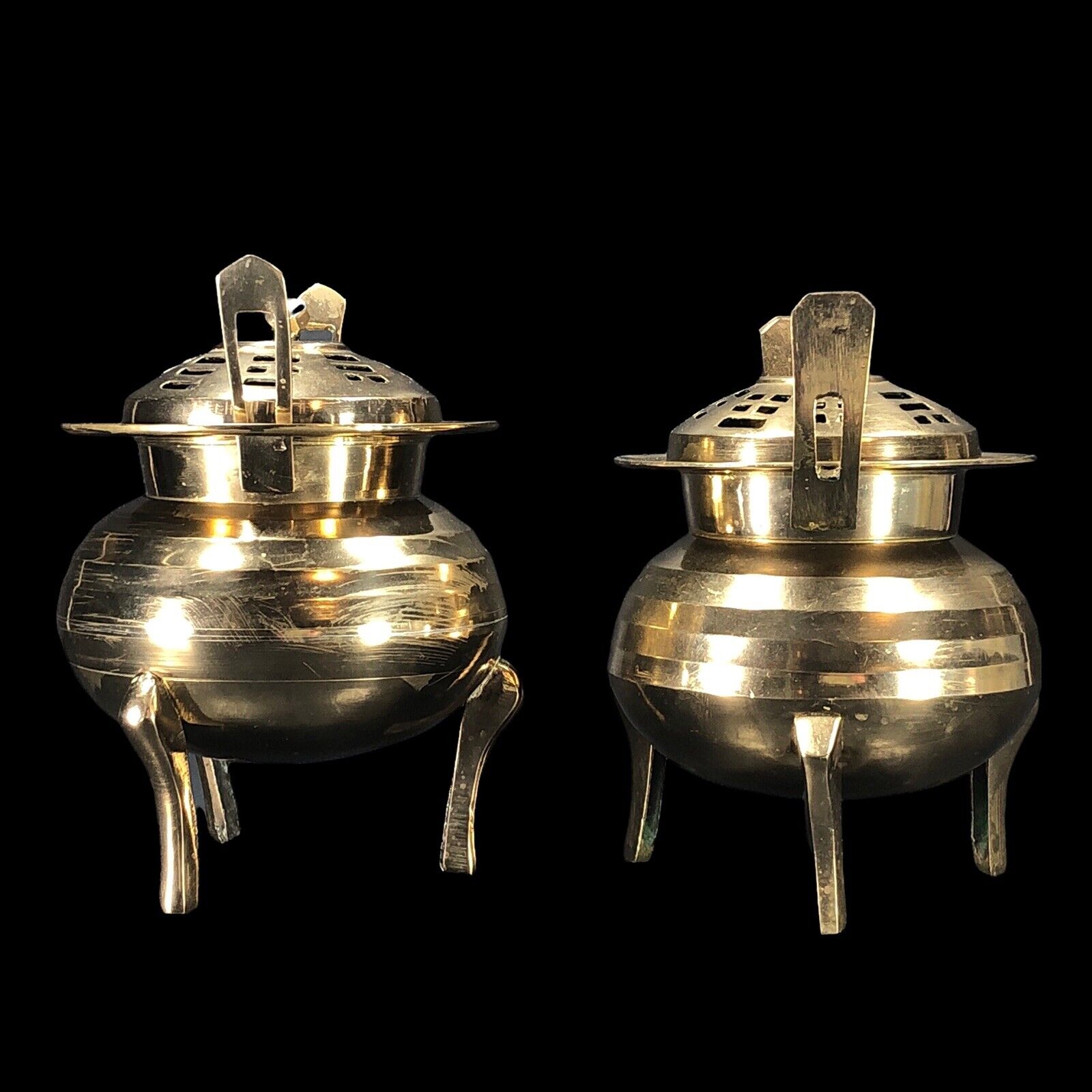 2ct Vintage Brass Chinese Censer Incense Burner Round w/ Lid Footed 5-in High Без бренда - фотография #5