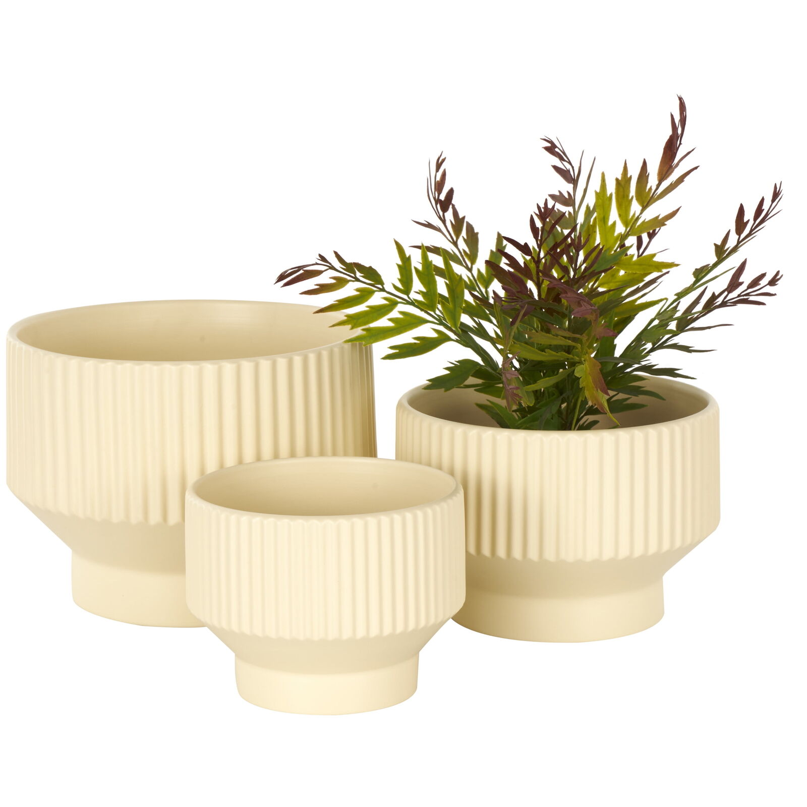 10", 8", 7"W Wide Cream Ceramic Planter with Linear Grooves and Tapered Bases Без бренда