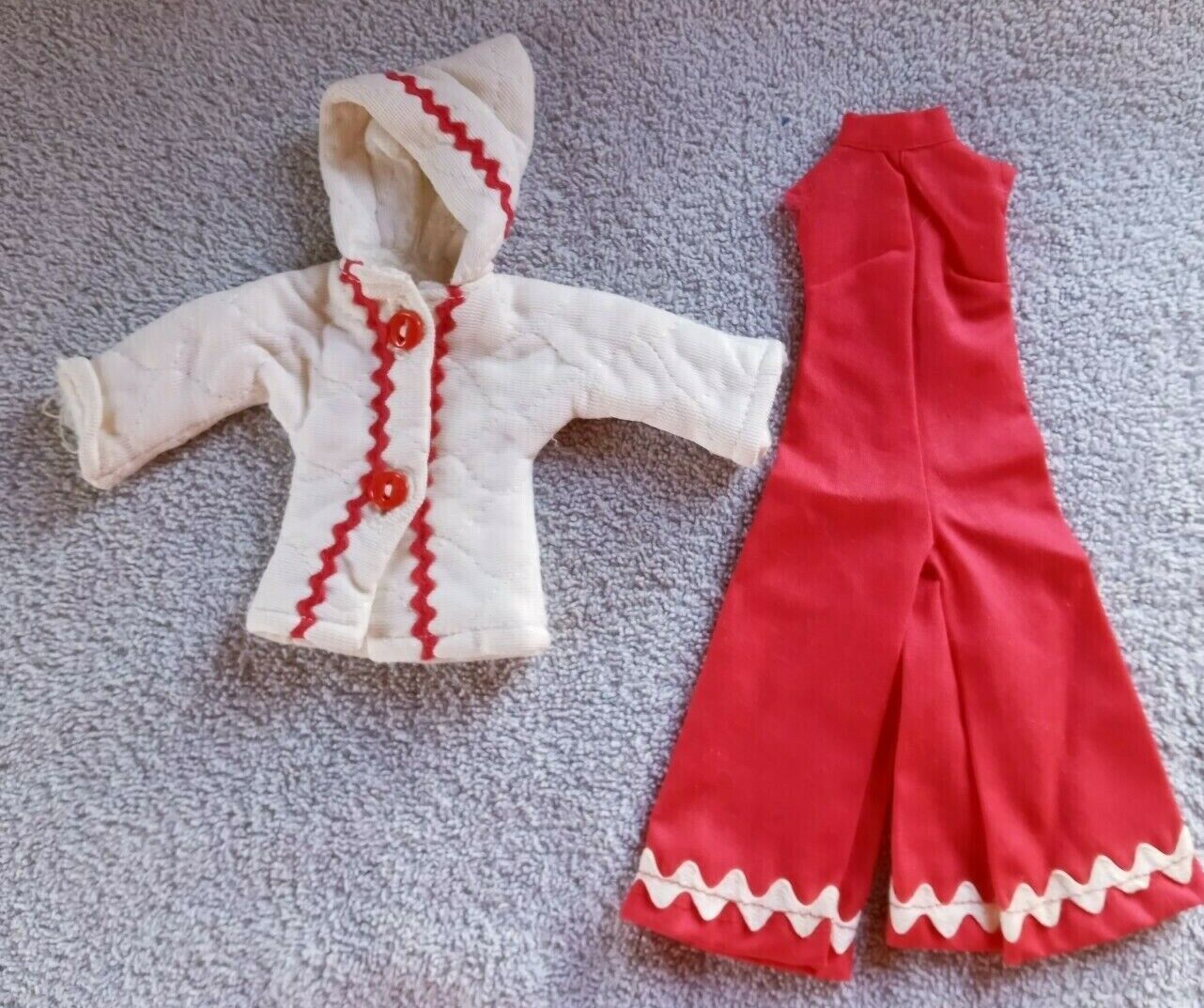 Vtg Barbie Clone Homemade 1960s Jumpsuit Coat Red White Ric Rac Mod Outfit Lot 2 Unbranded