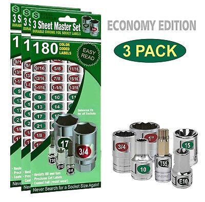 3 Pack Master Socket Label Set Economy Green Edition Easy Read Chrome Decal Tags SteelLabels.com M3PACK001